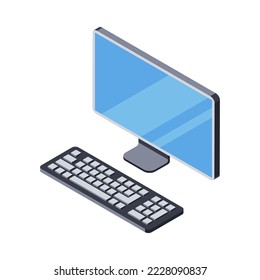 3d icon of monitor with keyboard, computer. Digital Technology Items. Electronics for home, office, work. Isolated object on white background. Vector illustration in isometric style