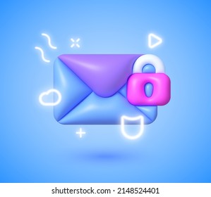 3d icon neon with mail secure for web design. Data protection. Web banner. 3d vector icon illustration