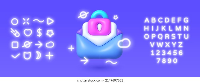 3d icon neon with mail secure for web design. Data protection. Web banner. 3d vector icon illustration