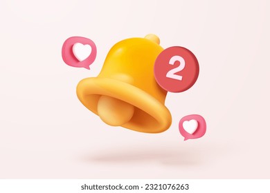 3D icon notification bell icon with push bubble notification speech on pastel background. new alert 3d concept for social media element. 3d bell alarm icon for message vector render illustration svg