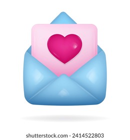3d icon of open blue envelope with pink blank page and pink heart on it. Love letter. New message. Happy Valentine's Day, Mother's Day, Women's Day.