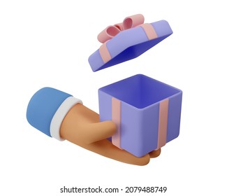 3d icon open gift in hand. Vector cartoon arm holding gesture. Realistic illustration of giving a present for social media