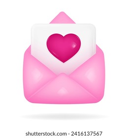 3d icon of open pink envelope with white blank page and pink heart on it. Love letter. New message. Happy Valentine's Day, Mother's Day, Women's Day.	
