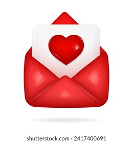 3d icon of open red envelope with blank page and red heart on it. Love letter. New message. Happy Valentine's Day, Mother's Day, Women's Day.	