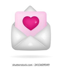 3d icon of open white envelope with pink blank page and pink heart on it. Love letter. New message. Happy Valentine's Day, Mother's Day, Women's Day.	