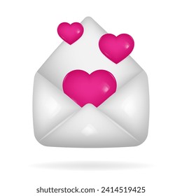 3d icon of open white envelope with pink hearts flying out of it. Love letter. New message. Happy Valentine's Day, Mother's Day, Women's Day.