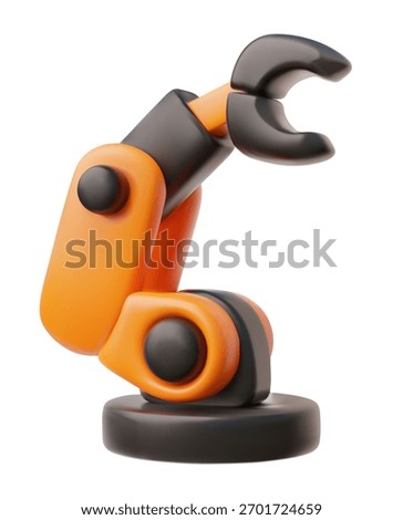 3D icon of an orange robotic arm with a gripper, automation, and technology. Industry, robotics, artificial intelligence, and innovation themes. Vector cartoon illustration. Isolated background.