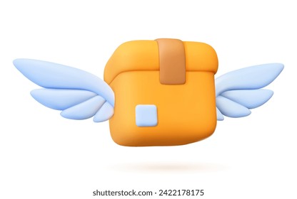 3D icon of a parcel with wings. Yellow box with parcel isolated object on white background. Online delivery service worldwide. Fast logistics delivery concept.