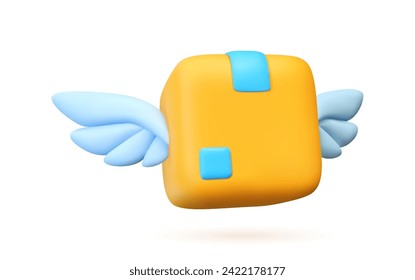 3D icon of a parcel with wings. Yellow box with parcel isolated object on white background. Online delivery service worldwide. Fast logistics delivery concept.