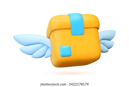 3D icon of a parcel with wings. Yellow box with parcel isolated object on white background. Online delivery service worldwide. Fast logistics delivery concept.