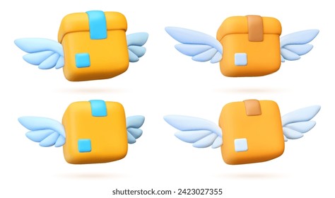 3D icon of a parcel with wings. Yellow box with parcel isolated object on white background. Online delivery service worldwide. Fast logistics delivery concept.