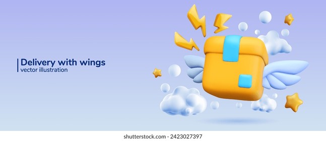 3D icon of a parcel with wings. Yellow box with parcel isolated object on white background. Online delivery service worldwide. Fast logistics delivery concept.