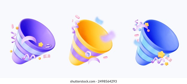 3d icon party popper set for celebrations, birthdays, and new year. In purple, yellow and blue colors.