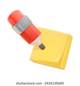 3D icon of pencil on yellow sticky notes. Vector isolated illustration with office stationery. Empty memo notepad.