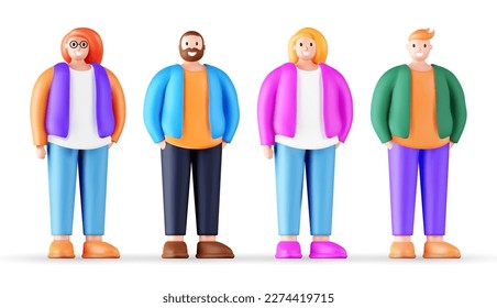 Juego de retratos 3d de personas felices con un fondo blanco. Personajes de dibujos animados hombre y mujer, ilustración vectorial. Personajes de moda estilizados con cuerpo grande, figura bodypositiva.