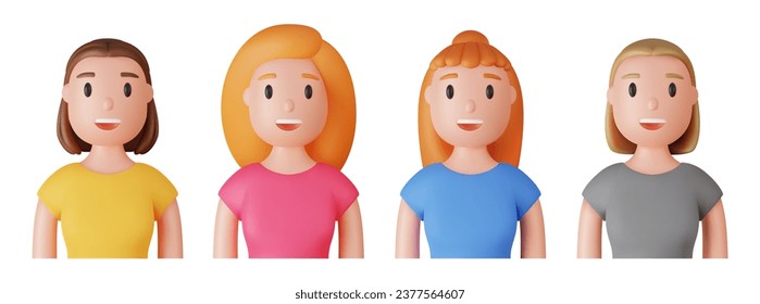 3D icon of a person. Portrait of a happy face in colored clothes and hairstyle on a white background. Avatar of a woman character in cartoon style, render vector illustration.