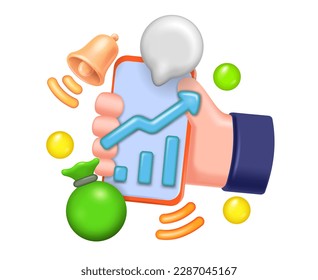 3d icon phone in hand with chart and profit alert, analytics, business and finance concept, stock market and web applications, money and income. Vector illustration