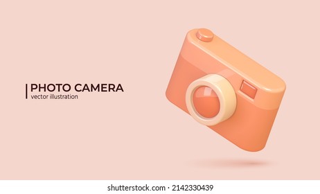 3D Icon Of Photo Camera In Trendy Color With Lens And Button. Realistic Vector Illustration In Cartoon Minimal Style.