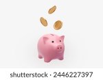 3D icon. Piggy bank with gold flying coins. Vector illustration of money storage in a cute and simple cartoon style.