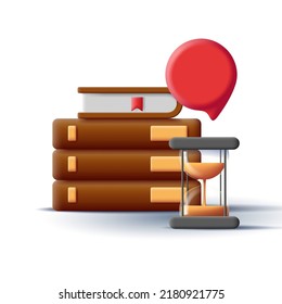 3d icon of pile of books with sand clock and speech bubble. Vector illustration