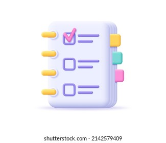 3d icon planner with assessment checklist and notes for business. 3d organizer for education and planning with to do list. Render vector illustration