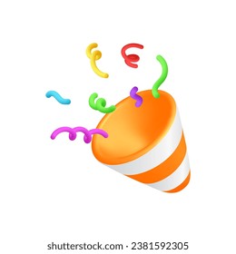 3d icon of popper with confetti for parties isolated on white background. Vector illustration.