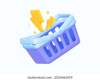 Icono 3D de una cesta de comestibles púrpura con estrellas y un símbolo de venta flash. Para tiendas de comercio electrónico en línea, descuentos y promociones de supermercados. Ilustración vectorial