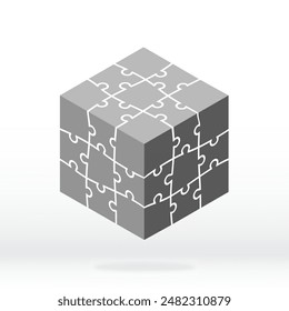 3d icon puzzle in gray with shadow. Puzzle cube of nine pieces  on white background your web site design, app, UI. Monochrome. EPS10.