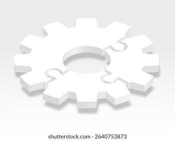 3d icon puzzle in white with shadow. Puzzle gear of three pieces with shadow  on white background your web site design, app, UI. Monochrome. EPS10.