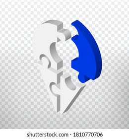 Icono 3D rompe la geolocalización en un fondo transparente. Sencillo rompecabezas de iconos 3D de los cuatro elementos. Signo de ubicación en blanco y azul. EPS10.
