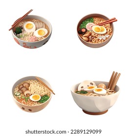 3D icon of ramen with noodles on a white background with a windy Japanese tonkotsu ramen. Vector illustration