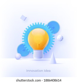 3D Icon With Realistic Design Element Of Lightbulb In Chain With Gears, Success Human Solution, Innovation Idea, Eureka In Problem Solving. Modern Style Logo Vector Illustration Concept.