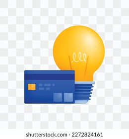 3d icon realistic render style of light bulb or light bulb with credit card, metaphor of ideas in finance or banking to pay off debts and loans. Can be used for websites, apps, ads, posters, banners