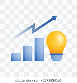 3d icon realistic render style of bulb and lights with increase in bar charts and arrows, metaphors from ideas to increase wealth, profit margin or sales. Can be used for websites, apps, ads, poster