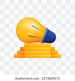 3d icon realistic render style of lamp or light bulb lying on pile of coins money, metaphor of ideas and thoughts to manifest wealth and financial freedom. Can be used for websites, apps, ads, poster