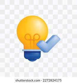 3d icon realistic render style of lamp or light bulb with big blue tick symbol, metaphor of ideas and thoughts in education, survey questionnaire. vote or poll. Can be used for websites, apps, ads