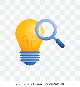 3d icon realistic render style of lamp or bulb inverted with magnifying glass, metaphor of looking for ideas or thoughts, brainstorming in research and development. Can be used for websites, apps, ads