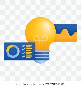 3d icon realistic render style of lights or bulb with checklists, diagrams, data charts software, metaphor of the idea of managing and processing data and graphs. Can be used for websites, apps, ads