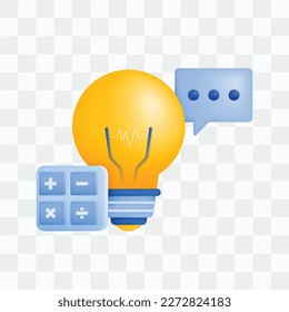 3d icon realistic render style of lamp or bulb with calculator and balloon chat, metaphor of communication and dialogue managing ideas in accounting jobs. Can be used for websites, apps, ads, posters