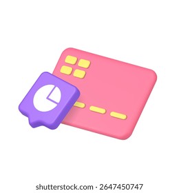 3d icon realistic vector illustration showing pink credit card and pie chart inside purple speech bubble, ideal for finance, banking, and digital business visuals. Vector illustration