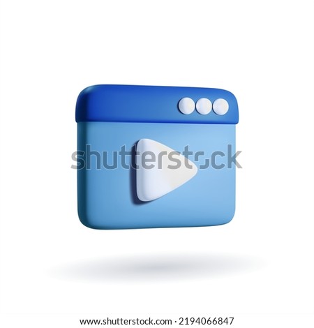 3d icon realistic vector illustration. Play button of media player on browser window minimalistic isolated on white. Blue colours social media marketing icon three dimensional simple design bubble 