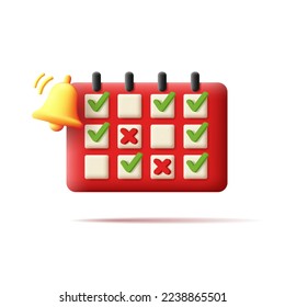 Icono 3d del calendario festivo rojo con campana dorada, temporada de fiestas con cuenta regresiva