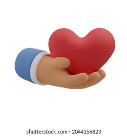 3d icon red heart in hand. Vector cartoon arm holding gesture. Realistic illustration of donation, love or charity for social media