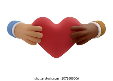 3d icon red heart in hand. Vector cartoon illustration of donation, love, unity, friendship, partnership or charity for social media