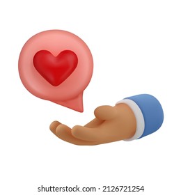 3d icon red heart speech bubble in hand. Vector cartoon arm holding gesture. Realistic illustration of like, love or appreciation for social media