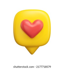 3d icon red heart speech bubble. Vector cartoon feedback icon. Realistic illustration of like, love or appreciation for social media