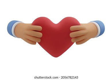 3d icon red heart in two hands. Vector cartoon holding gesture. Realistic illustration of donation, love or charity for social media