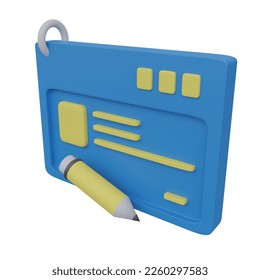 3D icon render of card and pencil. realistic card and cartoon pencil
