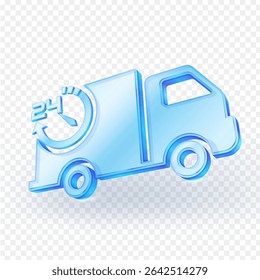 3D icon representing 24 hour delivery service, featuring blue glass translucent truck with a clock symbol. Ideal for logistics, marketing, e-commerce, and fast shipping concepts. Vector illustration.