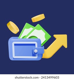 3D icon revenue growth increasing graph. Wallet with banknotes, coins, and an upward arrow.